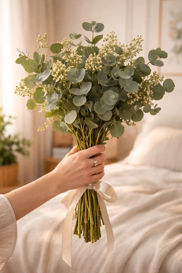 A hand holds a large bouquet of eucalyptus branches tied with a cream ribbon in a bedroom.