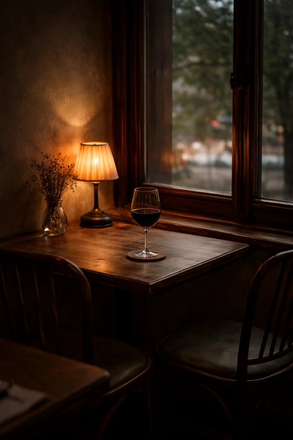 A dimly lit wooden table with a wine glass and a lamp near a window at night.