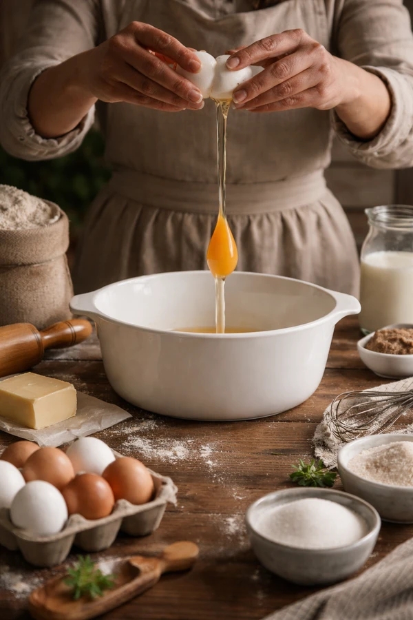 A person in an apron breaks an egg into a white bowl on a wooden table with other baking ingredients.