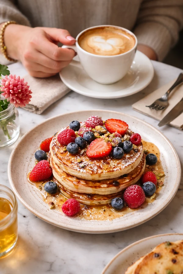 A close-up shot of a hand holding a latte with a heart-shaped foam art next to a plate of berry pancakes.
