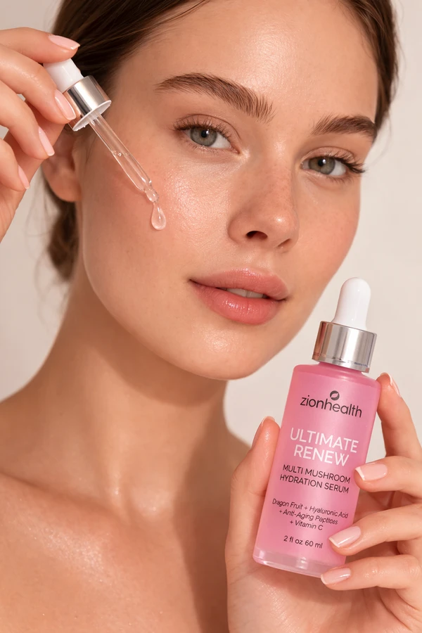 A smiling woman with flawless skin holding a frosted pink bottle of Zionhealth Ultimate Renew Multi Mushroom Hydration Serum while applying a drop to her cheek.