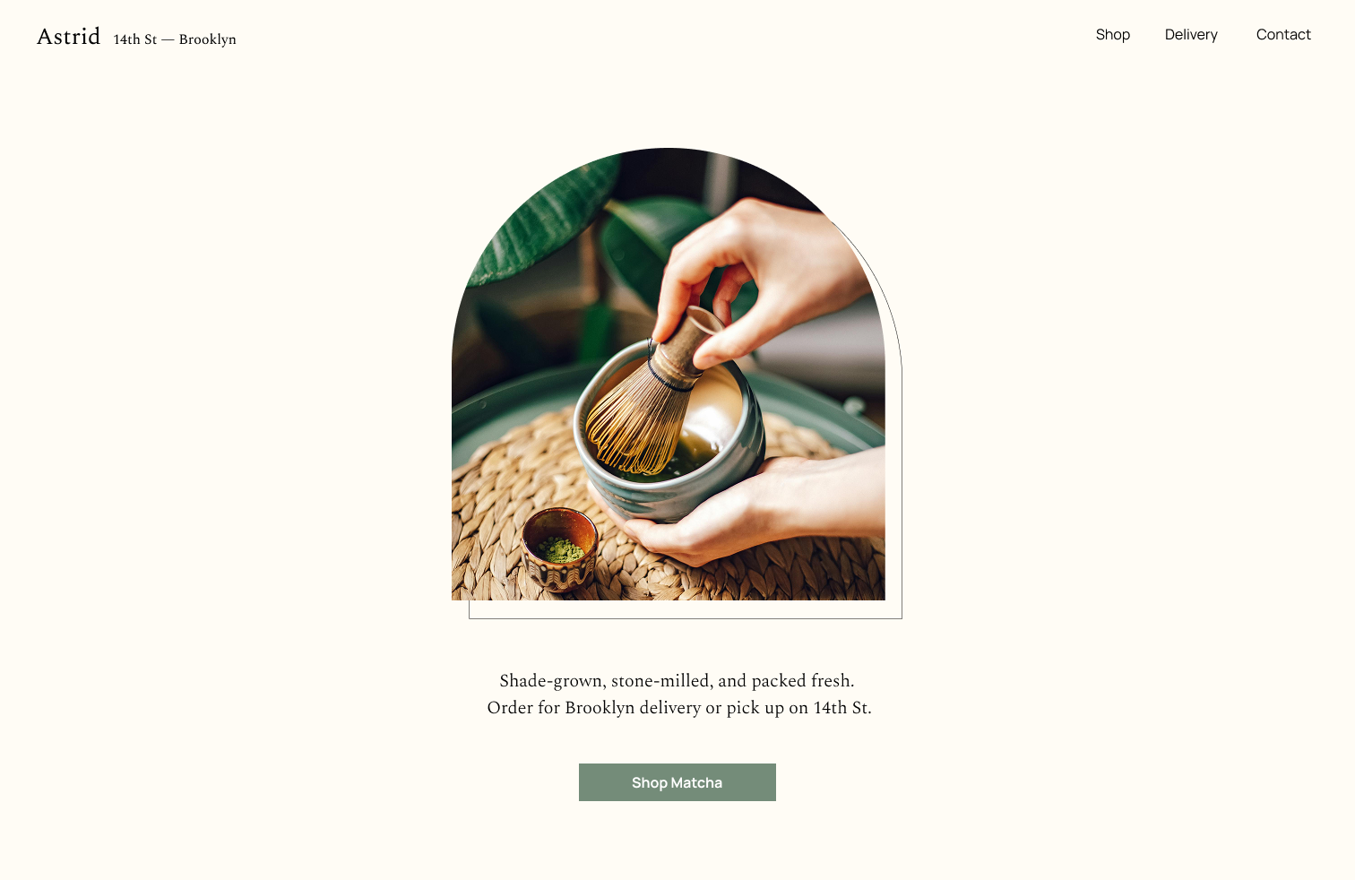 Tea shop website template featuring matcha preparation photography and a minimal product section.