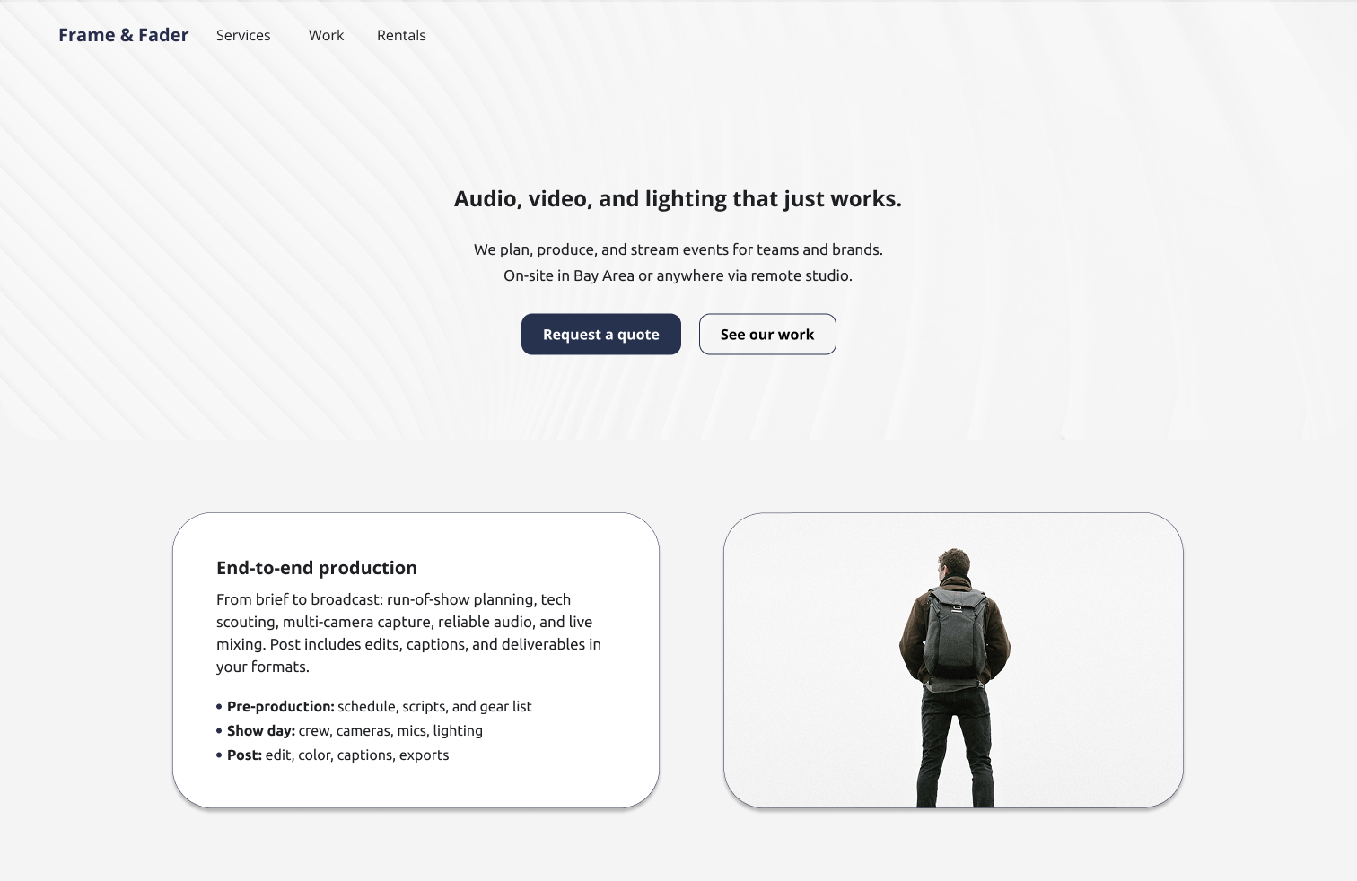 Media production studio template featuring service sections, minimal navigation, and rounded imagery.
